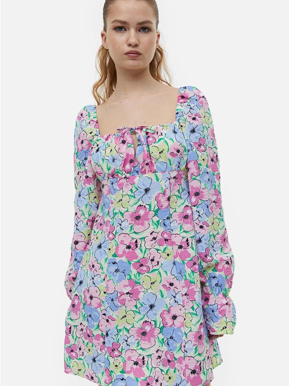 H&M Pastel Floral Square-Neck Mini Dress — Pink, Blue, Green